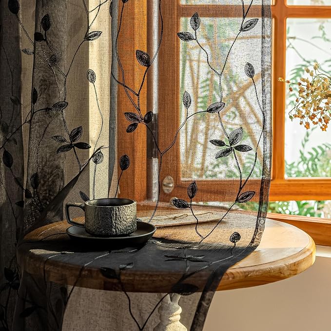 AmHoo 2 Panels Embroidered Leaf Pattern Semi Sheer Curtains Foliage Floral Voile Window Draperies Treatment for Bedroom Living Room Rod Pocket Black 53 x 84 Inch