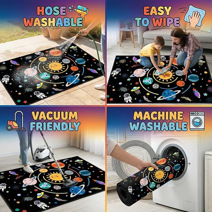 Outer Space Rug for Boys Room,3'×4' Space Rug for Kids Bedroom with Solar System Theme,Educational Carpet for Playroom and Living Room Decor