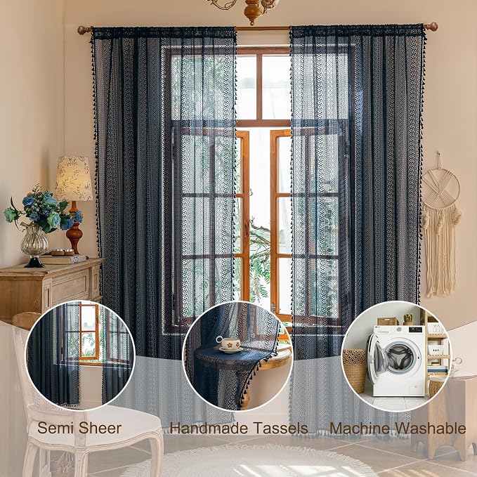 Sutuo Home Navy Blue Boho Sheer Curtains 72 inches Long for Bathroom Bedroom, Vintage Lace Curtains French Country Bohemian Privacy Crochet Light Filtering Rustic Tassels Rod Pocket, 2 Panels 50" W