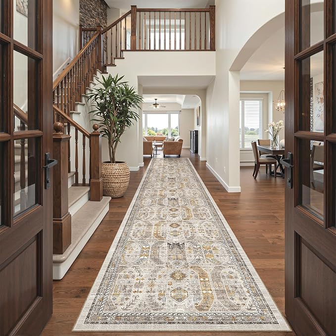 Madane Hallway Runner Rug 3x16 Washable Kitchen Runners Long, Brown/Gold | Vintage Non-Slip Wide Area Rugs 16ft for Entryway, Low-Pile Farmhouse Indoor Floor Carpet for Living Room Bedroom