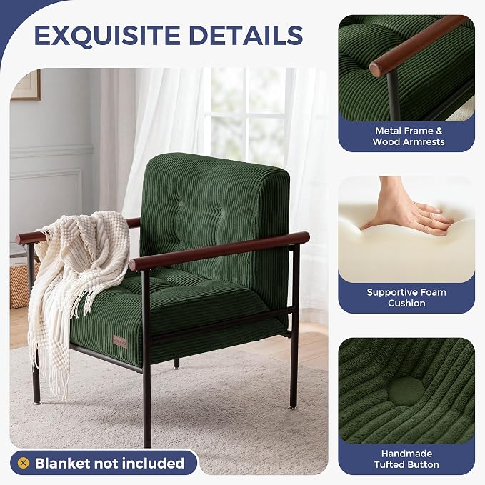MAXYOYO Living Room Accent Chair, Modern Chair with Metal Frame | Upholstered Reading Chair Modern Living Room Chair with Support Cushion for Bedroom Balcony Porch, Dark Green