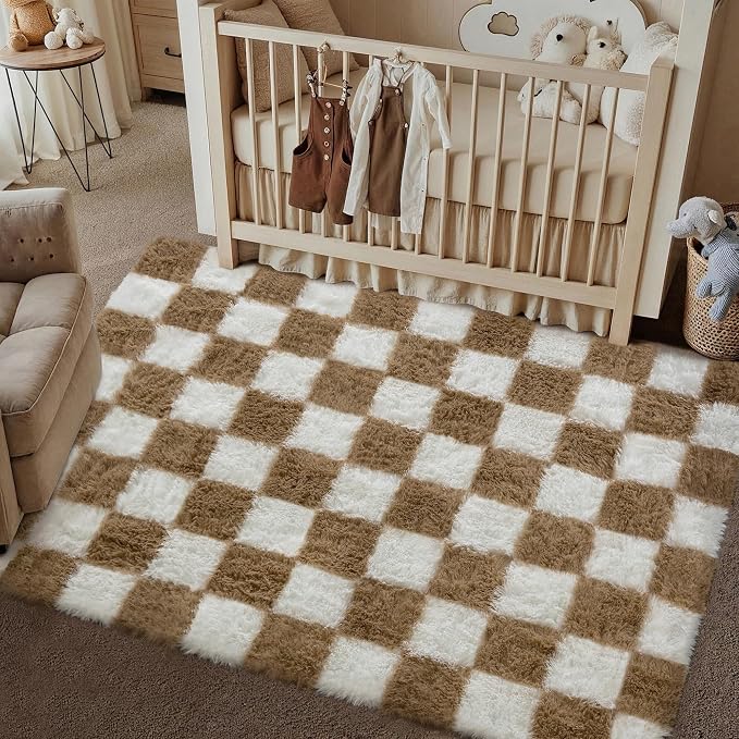 PureCozy 3x5 Area Rugs for Kids Room Brown Soft Shag Checkered Rug Modern Washable Indoor Office Fuzzy Carpet Non-Slip Fluffy Rugs for Bedroom Nursery Dorm Playroom Home Aesthetic Decor
