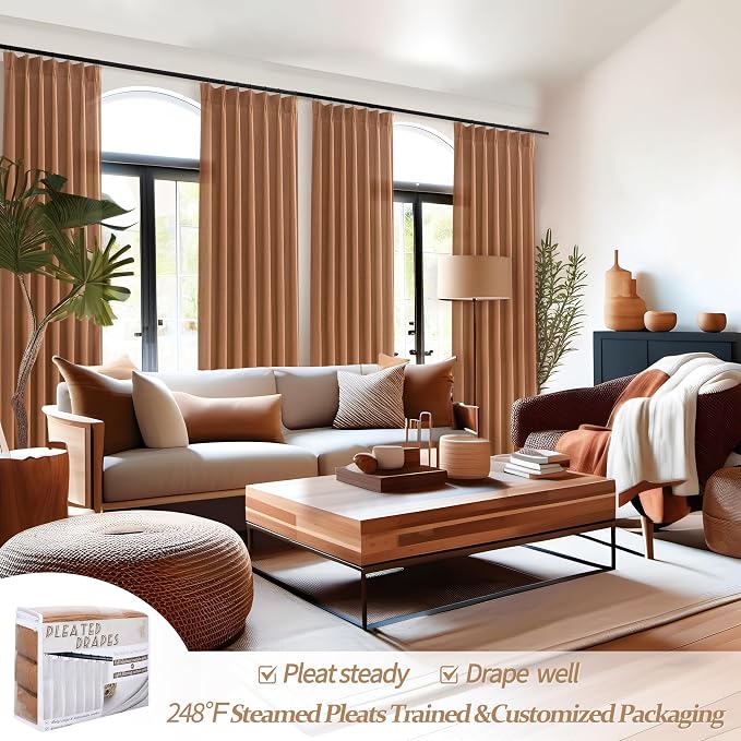 Terracotta Soft Thick Linen Curtains 120 Inches Long for Living Room, Farmhouse Burnt Orange Curtains Light Filtering for Bedroom/Dining Room Western Semi Sheer Pleat Memory Shape Drapes 2 Panels Set