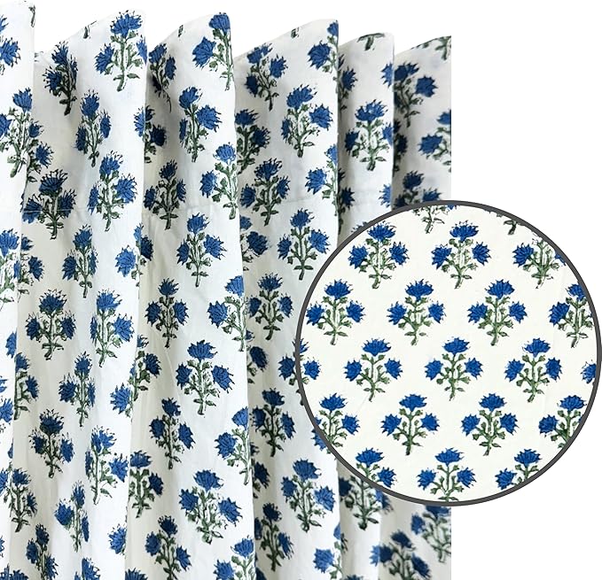 ATOSII 100% Cotton Single Panel Floral Block Print Curtain, Easy Hanging with Rod Pocket & Loop, Living Room, Dining Room, Bedroom Light Filtering Boho Curtains, Set of 1, 60"W X 96"L, Gulbahar Blue