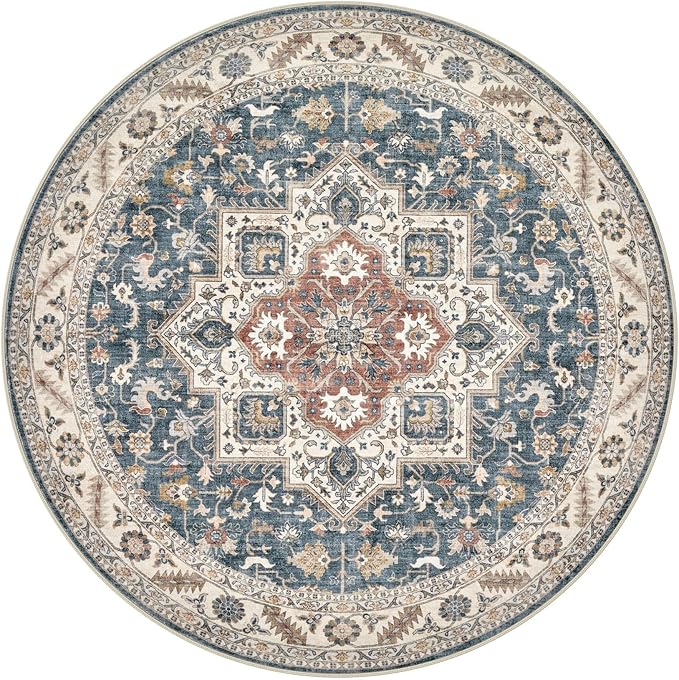 5ft Round Vintage Living Room Area Rug - 5x5 Large Soft Washable Oriental Traditional Distressed Farmhouse Rugs for Bedroom - Indoor Floor Accent Carpet for Home Office House Decor - Vintage Blue