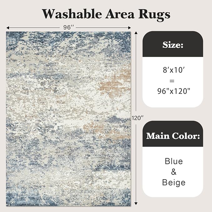 Art&Tuft Washable Rugs 8x10, Anti-Slip Backing Abstract 8x10 Area Rugs, Stain Resistant Rugs for Living Room, Foldable Machine Washable Area Rug (8'x10', Blue)