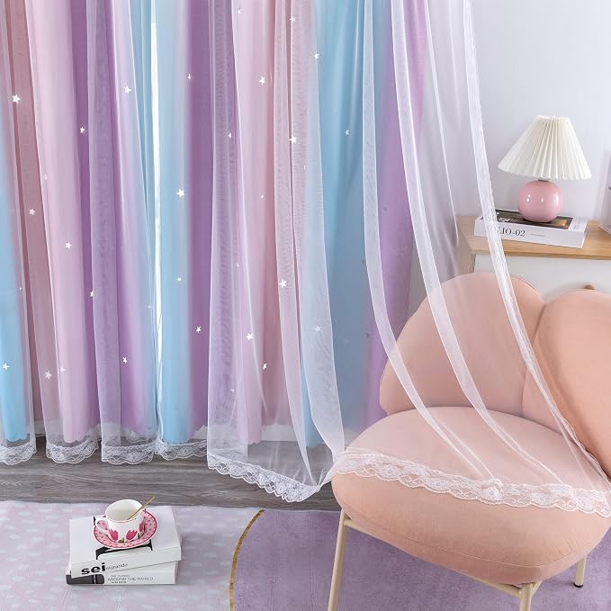 XiDi Curtains for Bedroom Decor, Rainbow Pink Purple/34/79