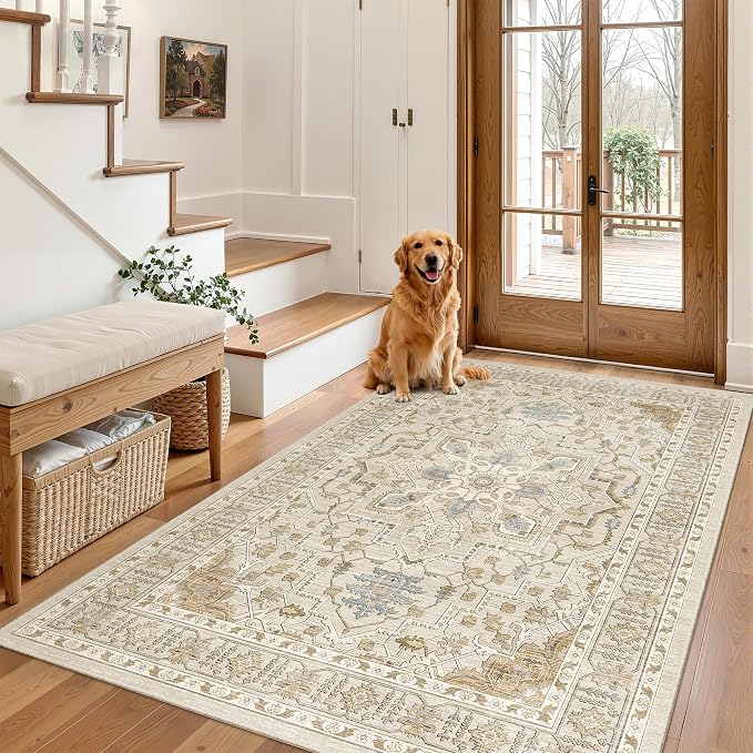 Madane Area Rug 3x5, Washable Vintage Entry Rugs for Bedroom, Beige/Blue | Vintage Entryway Bedroom Non Slip Door Mat Indoor Entrance, Kitchen Runner Living Room Laundry Playroom Soft Floor Carpets
