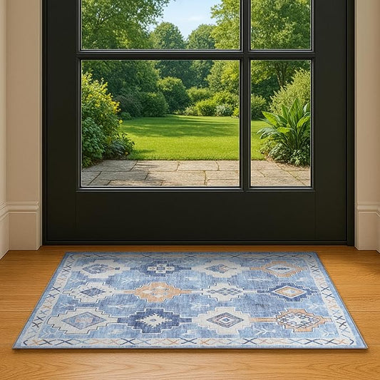 Blue Oushak Area Rug 2'5x5' - Washable Area Rugs, Non-Slip Small Throw, Vintage Low Pile Turkish Eclectic Floral Pastel, Accent Area Rug for Living Room, Bedroom Kitchen, Bathroom, Kids Room