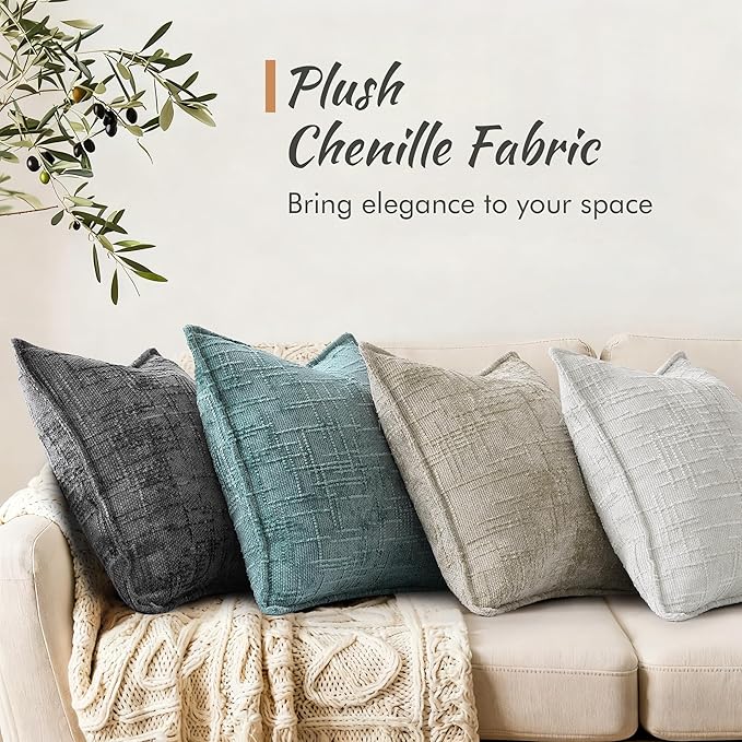 decorUhome Chenille Throw Pillow Covers 26x26 Set of 2, Thick Textured Slubby Neutral Decorative Pillow Covers with Elegant Design for Couch, Sofa, Living Room, Dark Grey