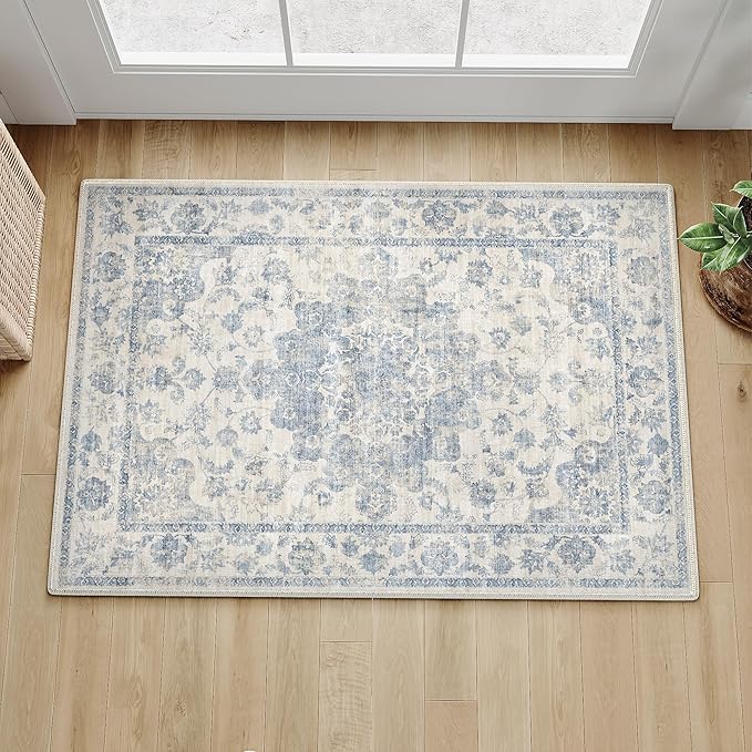 2x3 Washable Neutral Area Rug Blue Vintage Entryway Kitchen Carpet Non-Slip Soft Low Pile Farmhouse Indoor Small Throw Rug for Bedroom Bathroom Entrance