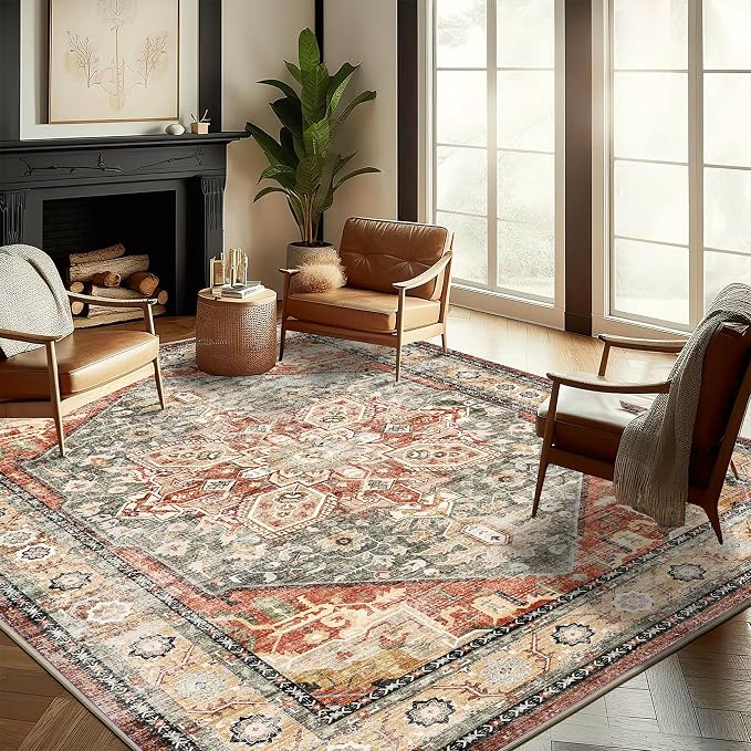 CHAMPLANT Washable Area Rug 8'x10' Red Khaki Retro Boho Design Non-Shedding Non-Slip Easy Care Ideal for High Traffic Areas in Living Room Bedroom Office Coffee Table Kitchen Large Carpet