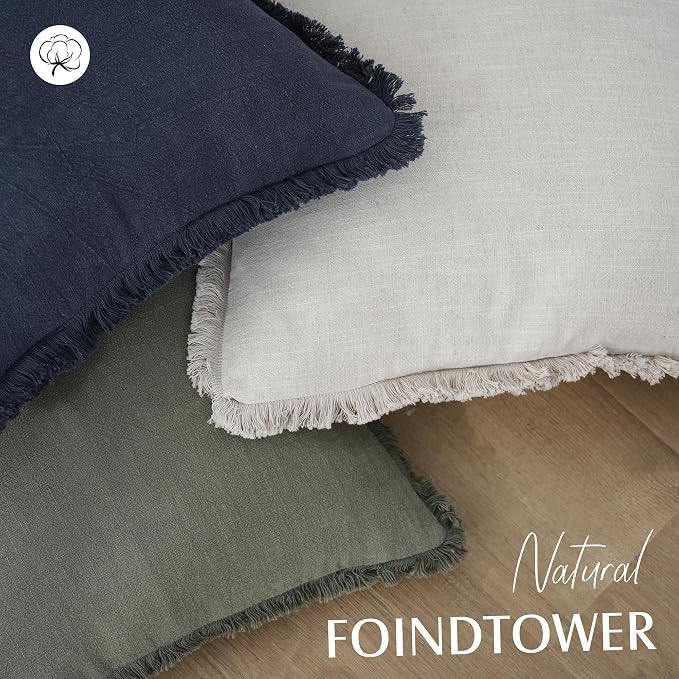 Foindtower Set of 2 Decorative Linen Fringe Throw Pillow Covers Cozy Boho Farmhouse Cushion Cover with Tassels Soft Accent Pillowcase for Couch Sofa Bed Living Room Home Decor, 26×26 Inch, Navy Blue