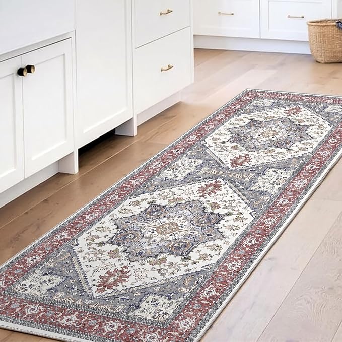 OPPODREAM Soft Entryway Rug 2x6, 2x6 Rug Runner, Washable Hallways Carpet 2 x 6 with Non Slip Backing, Low-Pile Bedside Carpet 2 x 6, Long, Faux Cashmere, Red & Grey