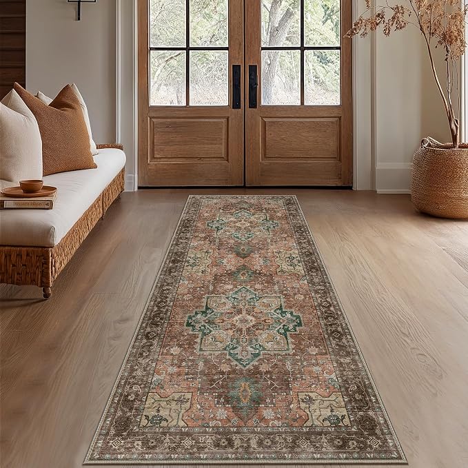 GENIMO 2'6"x8 Runner Rugs for Hallway, Machine Washable Non Slip Vintage Rugs, Low Pile Lightweight Soft Print Rug for enrtyway, Corridor, Home Office, Kitchen, Rosewood