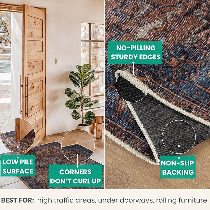 Bloom Rugs Washable 9' x 12' Rug - Terracotta/Blue Traditional Area Rug for Living Room, Bedroom, Dining Room, and Kitchen - Exact Size: 9' x 12'