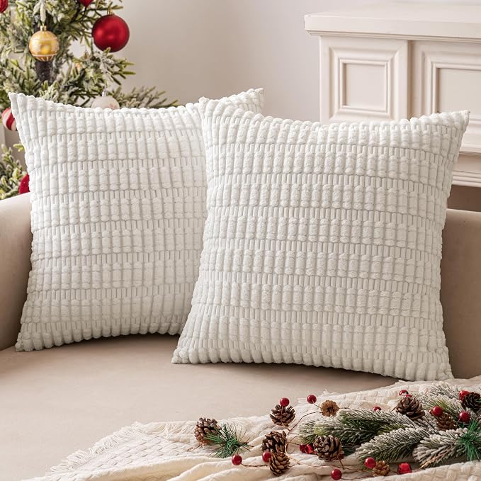 MIULEE Pack of 2 Corduroy Decorative Euro Sham Throw Pillow Covers 24x24 Inch Soft Boho Striped Pillow Covers Modern Farmhouse Home Decor for Sofa Living Room Couch Bed Pure White