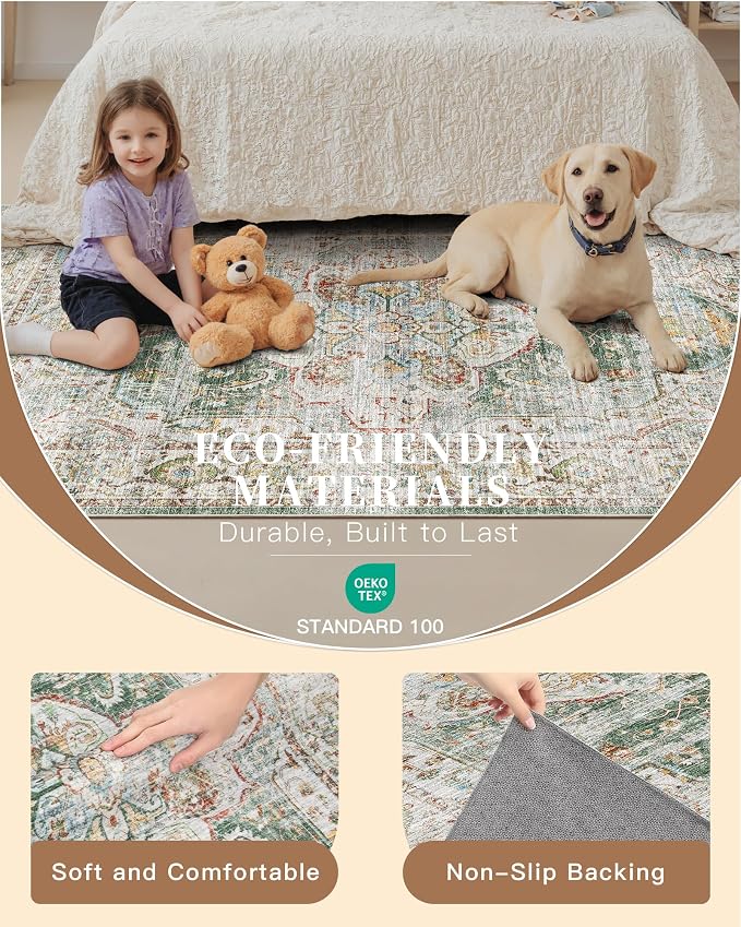 Madane Washable Runner Rugs 2x12 Long for Hallway Kitchen Soft, Green | Non-Slip Vintage Printed 12ft Rug Runners with Rubber Backing, Low-Pile Floor Carpet Laundry Room Entryway, Corridor