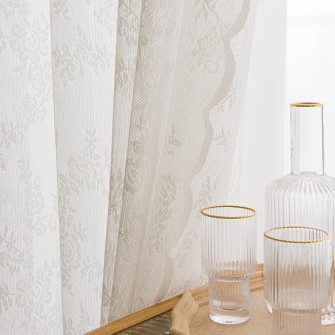 Sutuo Home Lace Curtains 2 Panels Set, White Sheer 96 Inch Long Window Floral Vintage Voile Window Panel Treatment for Bedroom/Living Room/Kitchen, Decor Rod Pocket W57 x L96