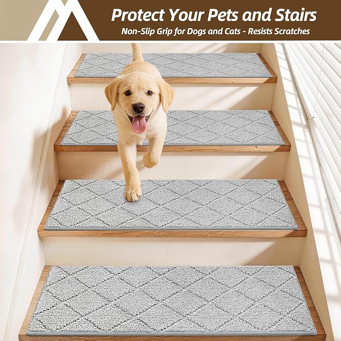 COSY HOMEER Stair Treads for Wooden Steps 11"x30" Washable Indoor Carpet Stair Treads Non Slip Soft Polyester Stair Carpet Tread Reusable Stair Runner Rugs for Kids, Elders,Pets,Grey,15pcs