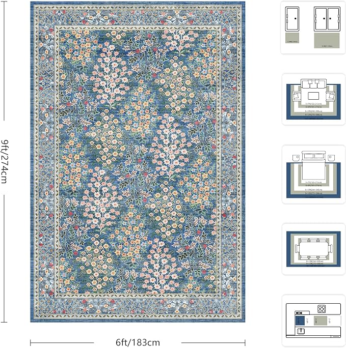 6x9 Area Rugs, Washable Floral Area Rugs for Living Room, Indoor Area Rug for Bedroom, Dining Room, Low Pile Non-Slip Non Shedding Rug(Blue Floral)