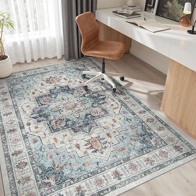 Madane 5x7 Area Rugs for Living Room, Non-Slip Washable Rug, Blue | Ultra-Thin Stain Resistant Vintage Large 5'X7' Carpet, Soft Low Pile Floor Mat For Bedroom Dining Room Office Home Decor