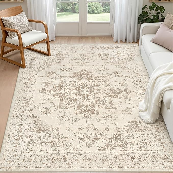 4x6 Area Rugs for Living Room: Vintage Boho Neutral Washable Rug Indoor Soft Large Area Rug Carpet for Bedroom Nursery Farmhouse Dining Room Office Floor Non-Slip Low Pile Under Table Rug Beige/Ivory