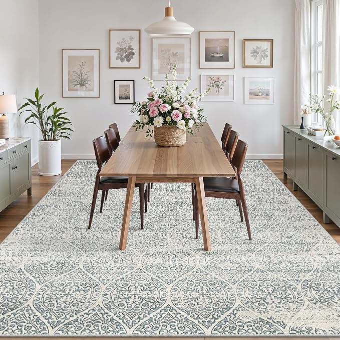 Soalmost 10x14 Area Rug for Living Room, Moroccan Trellis Washable Soft Rug | Stain Resistant Non-Slip Low Pile Natural Extra Large Carpet for Dining Room Bedroom Home Office Nursery Teal Blue, 10'x14'