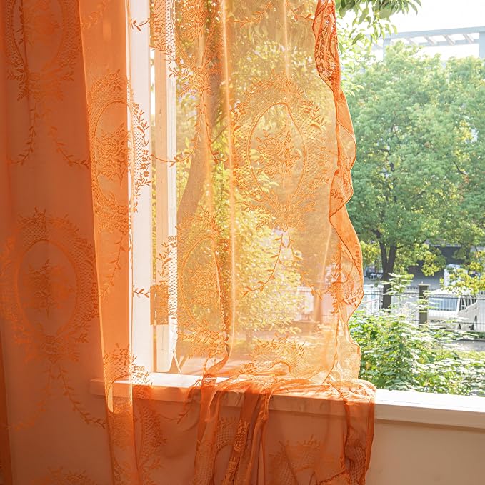 Sutuo Home Lace Curtains 2 Panels for Bedroom Living Room 72 Inches Long, Boho Sheer Panels Floral Embroidery Ruffled Vintage Window Treatment Pair Fall Halloween Decor, Rod Pocket, W57 x L72,Orange