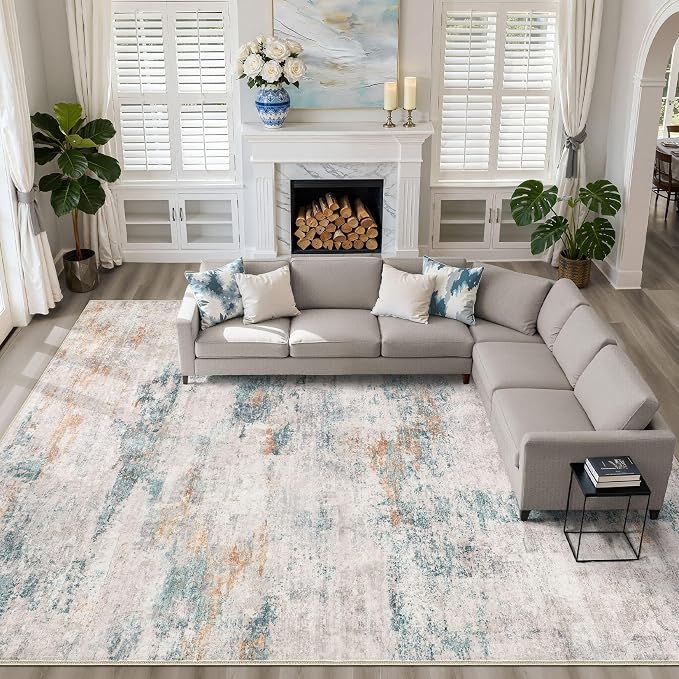 10x13 Area Rug Living Room: Washable Large Neutral Aqua Brown Rugs Abstract Soft Modern Stain Resistant Indoor Floor Non-Slip Carpet for Bedroom Nursery Kids Office Playroom Dining Room Under Table