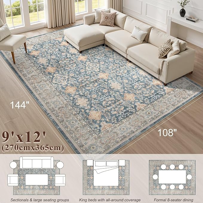 Vintage Living Room Area Rug 9x12 - Large Soft Washable Oriental Traditional Distressed Farmhouse Rugs for Bedroom - Indoor Floor Accent Carpet for Home Office House Decor - Dark Blue