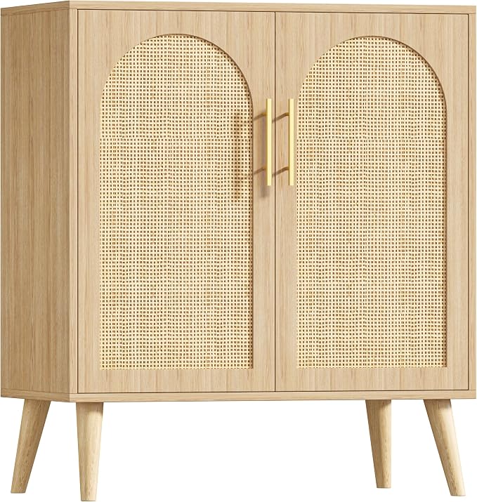 15.7"D Rattan Buffet Sideboard Cabinet with Storage, Modern Accent Cabinet with Adjustable Shelf & Solid Wood Legs, Coffee Bar Cabinet with Doors for Kitchen, Living Room, Entryway, Natural Oak