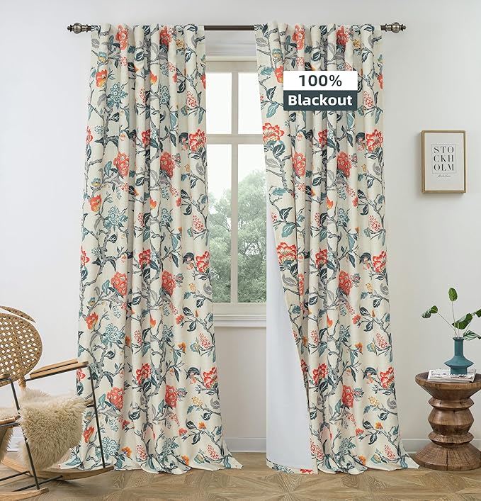 DriftAway Ada Floral Botanical Print Flower Leaf Lined Thermal Insulated Room Darkening Blackout Window Curtains 2 Layers Set of 2 Panels Each 52 Inch by 90 Inch Orange Teal Beige Linen