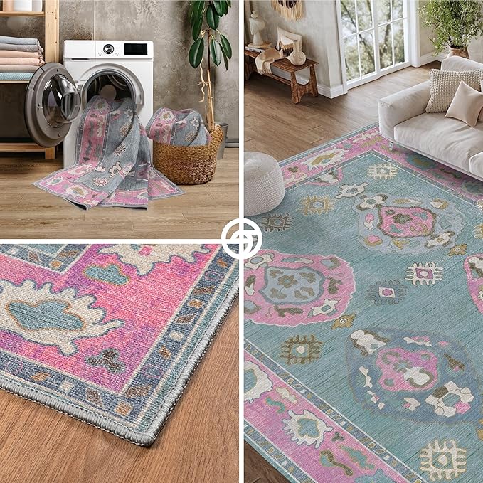 Green Pink Oushak Long Hallway Runner Rug 2'5x12' - Boho Washable Non-Slip Runner Rugs, Vintage Turkish Eclectic Extra Long Runner Rugs for Hallway Kitchen Entryway Foyer Corridor