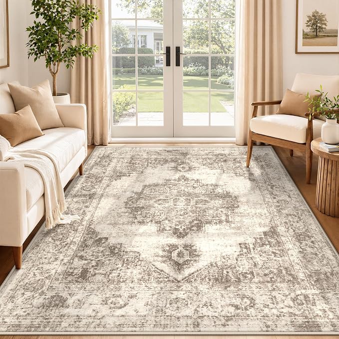 Area Rug 5x7 Vintage Rugs: Washable Indoor Medallion Rug Low Pile Distressed Floor Carpet Retro Accent Rugs for Living Room Bedroom Kitchen Dining Table Home Office(Taupe, 5'x7')
