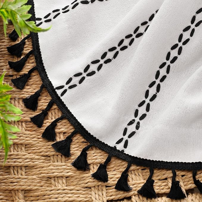 White Boho Blackout Curtains 2 Panels 84 Inch for Living Room Bedroom, Linen Texture Farmhouse Curtains with Tassels and Black Cotton Embroidery Vintage