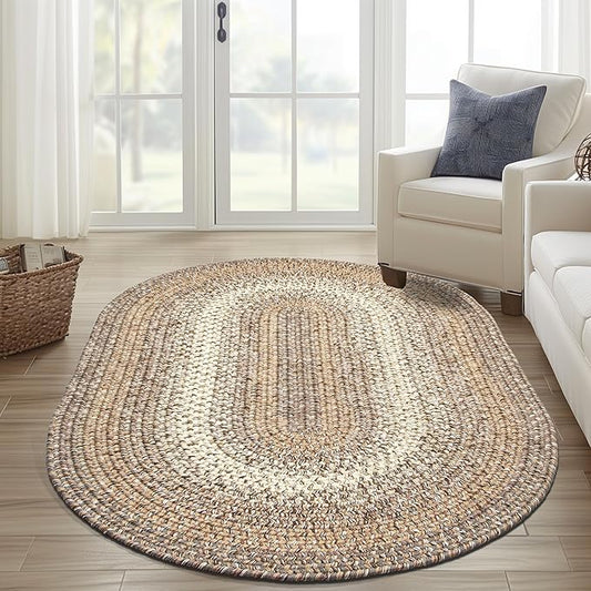 Super Area Rugs Braided Rugs 7X9 Farmhouse Kitchen Rug - Ridgewood Braided Rug for Living Room - Reversible - Indoor/Outdoor - Made in USA - Taupetone/Beige, 7' X 9' Oval