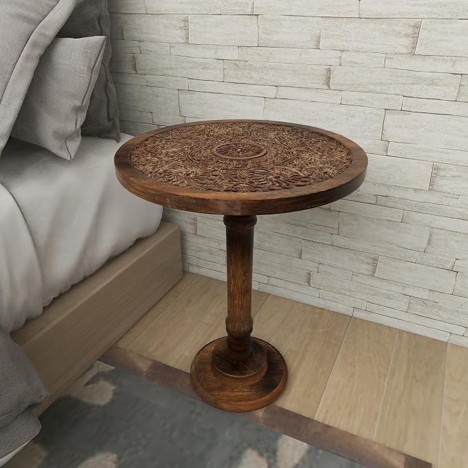 Deco 79 Mango Wood Floral Handmade Side End Accent Table Intricately Carved End Table with Turned Base, Side Table 17" x 17" x 21", Dark Brown