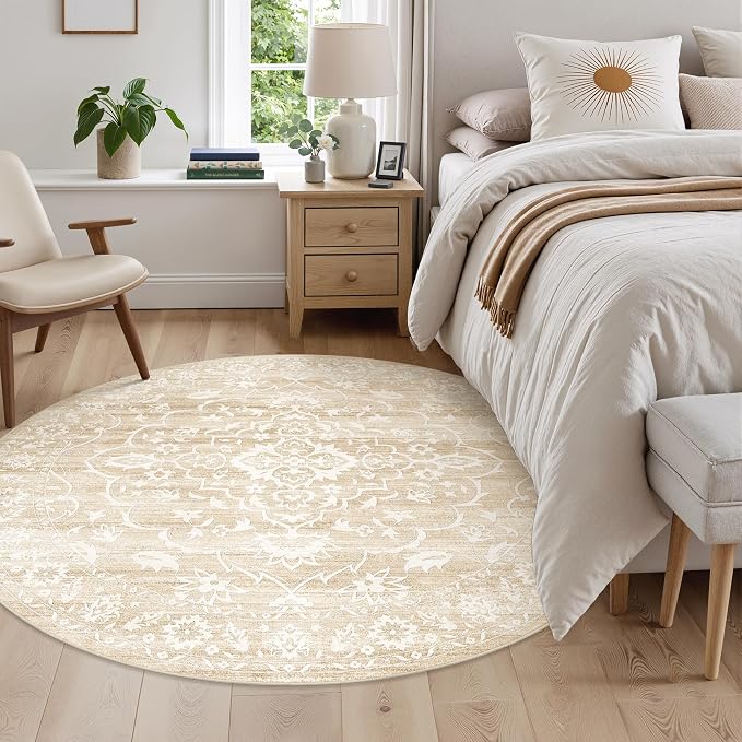 Soalmost Washable Round Rug 5ft for Living Room, Soft Circle Area Rug Beige | Vintage Floral Ultra-Thin Non-Slip Rugs, 5x5 Round Throw Carpet for Entryway Nursery Bedroom Kitchen Dining Room 5'Round