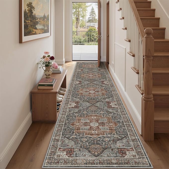 Roxstand Washable 2.6x10 Hallway Runner Rug, Grey/Brown/Tan | Low-Pile Carpet, Non-slip Backing,10ft Runner, Stain Resistant, Runner for Kitchen, Laundry Room, Entryway, Vintage Design