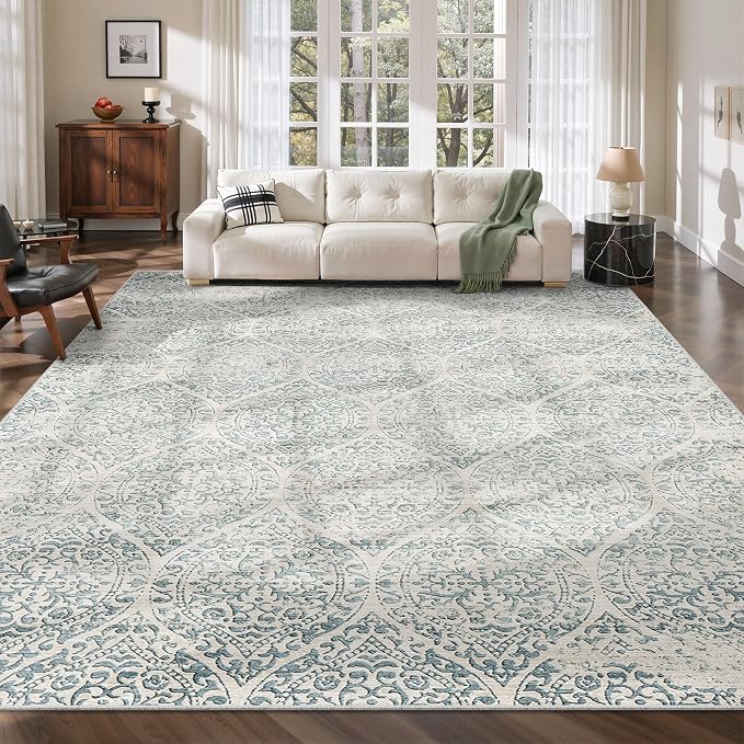 Soalmost 8x10 Area Rugs for Living Room, Moroccan Trellis Washable Soft Rug | Stain Resistant Non-Slip Low Pile Natural Large Carpet for Dining Room Bedroom Home Office Nursery Teal Blue, 8'x10'