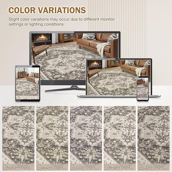 6x9 Area Rugs for Living Room - Large Carpet Ultra Thin Soft Washable Oriental Vintage Floral Distressed Big Indoor Carpets for Bedroom Nursery Dorm Home Decor Aesthetic - Dark Brown