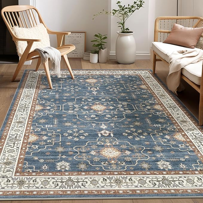 6x9 Area Rug for Living Room- Machine Washable Soft Oriental Vintage Large Indoor Floor Carpet for Bedroom Under Dining Table Home Office Decor - Dark Blue