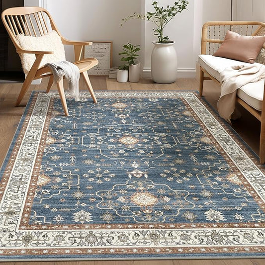 6x9 Area Rug for Living Room- Machine Washable Soft Oriental Vintage Large Indoor Floor Carpet for Bedroom Under Dining Table Home Office Decor - Dark Blue