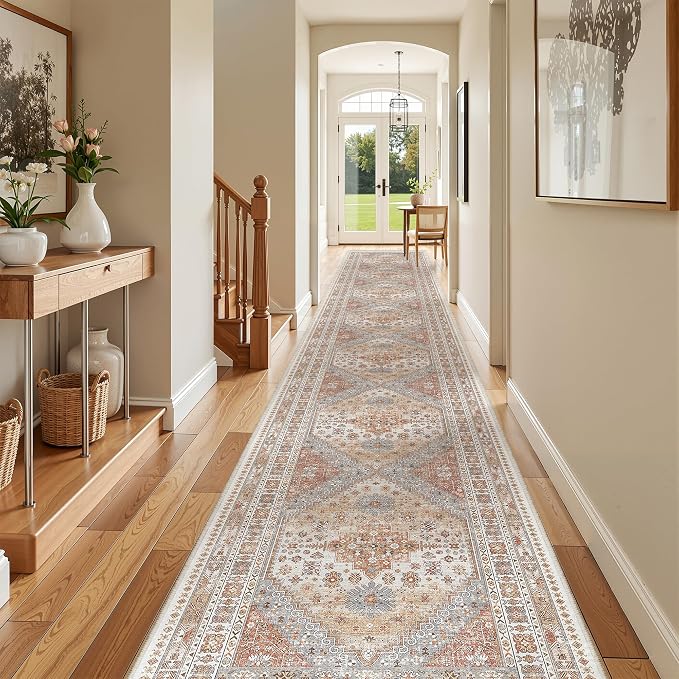 zesthome 3x20 Washable Runner Rug for Hallway, Non-Slip Long Hallway Runner for Entryway, Soft Vintage Kitchen Mats for Floor, Abstract Dining Room, Bedroom, Living Room Rugs(Orange,3'x20')