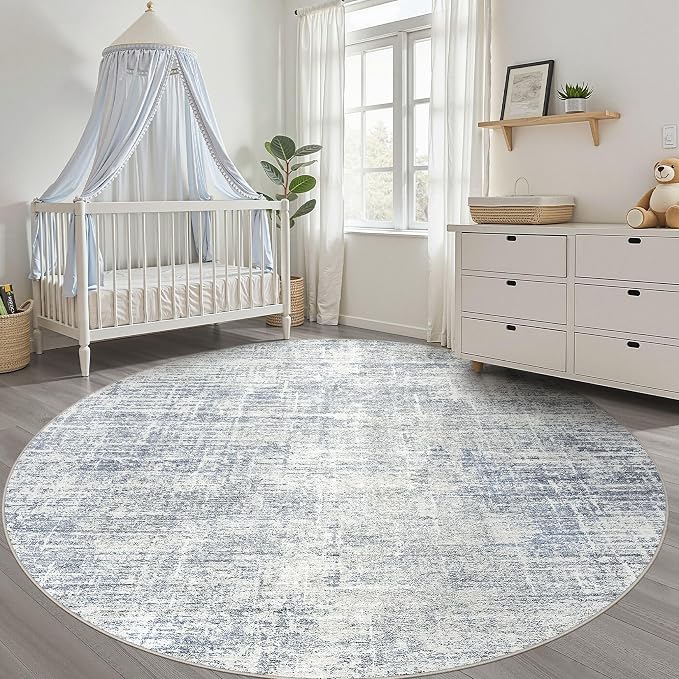 5ft Round Rug Living Room: 5x5 Washable Large Neutral Blue Circle Area Rug Abstract Soft Modern Stain Resistant Indoor Floor Non-Slip Carpet for Bedroom Nursery Kids Office Playroom Dining Room