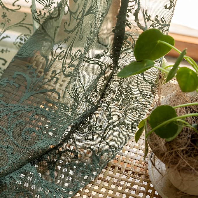 TUDECO Dark Green Curtains 96 Inch Long - Antique Embroidered Lace Sheer Curtains for Living Room, Farmhouse Summer Floral Forest Ruffle Rod Pocket 2 Panels, 8 FT 59W x 96L, Olive Green