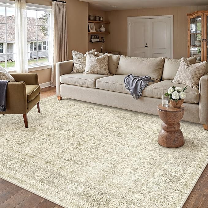 PureCozy Vintage Area Rug 6x9 Beige Washable Living Room Large Carpet Non Slip Bedroom Indoor Office Low Pile Traditional Distressed Retro Accent Rug for Dining Room Kitchen