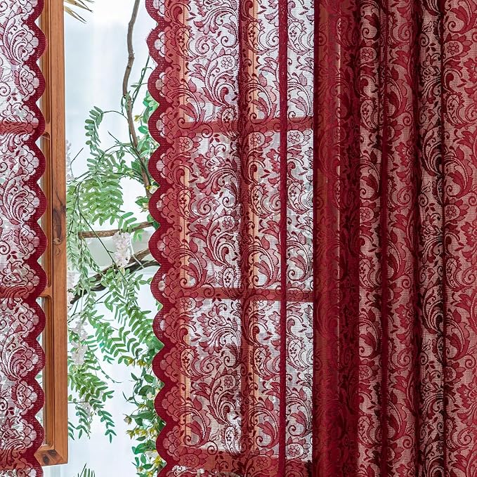 ALIGOGO Burgundy Sheer Curtains 54 Inch Length, 2 Panels, Vintage Floral Short Red Lace Cafe Curtains for Kitchen Bathroom Laundry Room, Light Flitering Farmhouse Decor, 52W x 54L Inch, Maroon