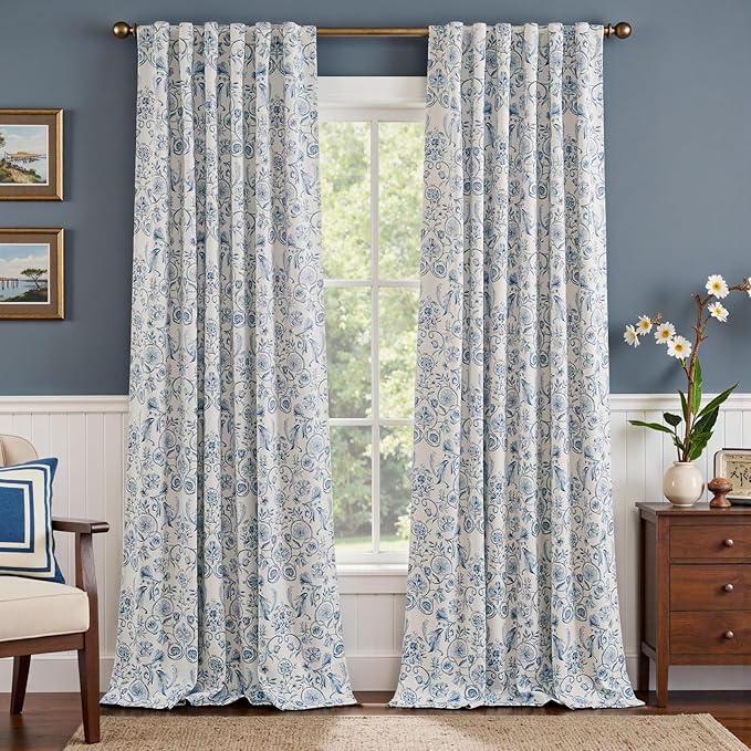 jinchan Floral Blackout Curtains for Bedroom Living Room 96 Inches Length Farmhouse Curtains Room Darkening Vintage Drapes Traditional Rod Pocket Window Treatment 2 Panels Set Blue on Beige